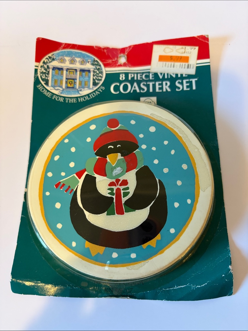 VTG Vinyl Penguin Christmas 8 Piece Coaster Set